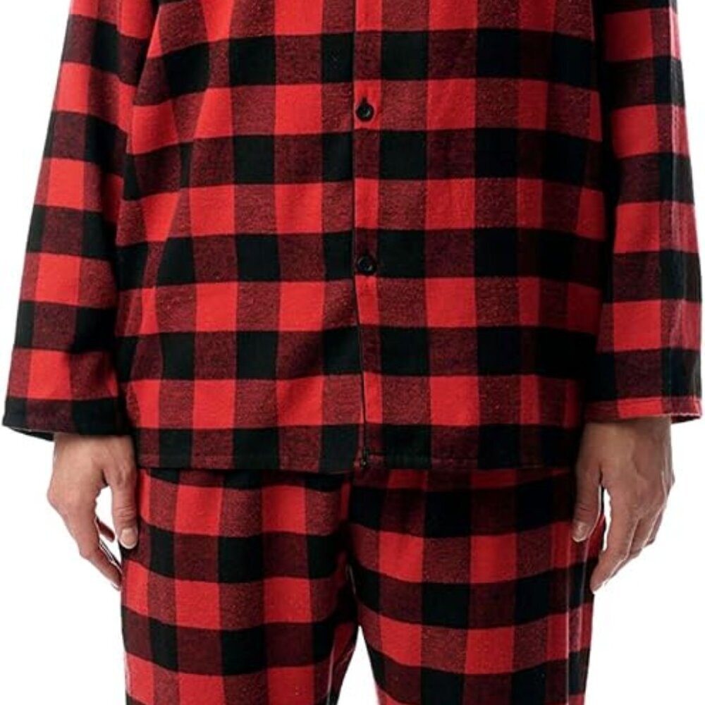 Men’s Plaid Button Front Flannel Pajamas Set - Long Sleeve Long Pant